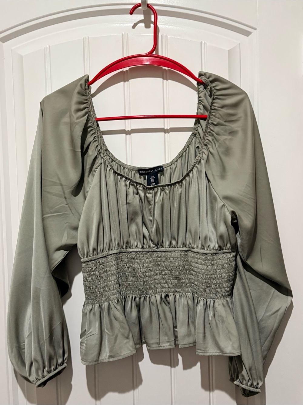 Sincerly Jules Sage Green Smocked Peplum Blouse
